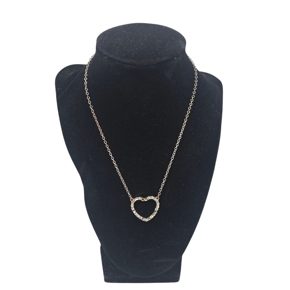 CH Silver‎ Tone Rhinestone Open Heart Pendant Necklace Clear Champagne Crystals